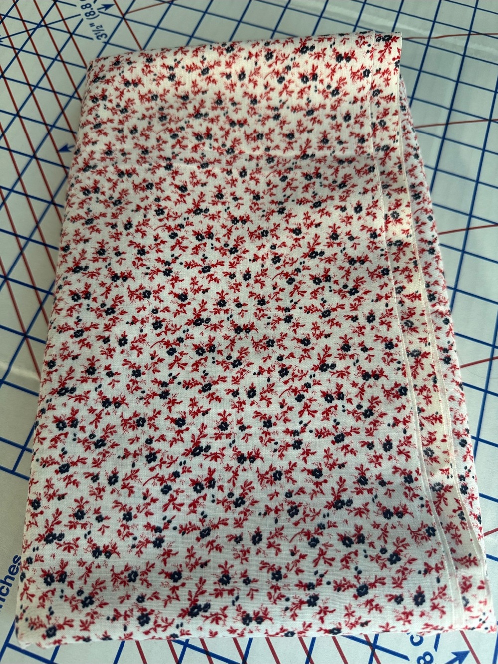 Vintage 1970s Calico Fabric 3 Yards Red Navy Floral Cream Cotton Blend 44”